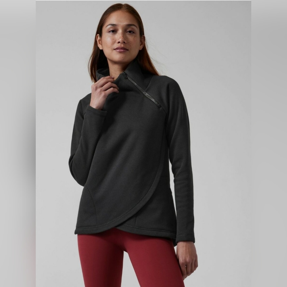 Athleta Cozy Karma Asym Black Asymmetrical Zip Pullover Sweater.